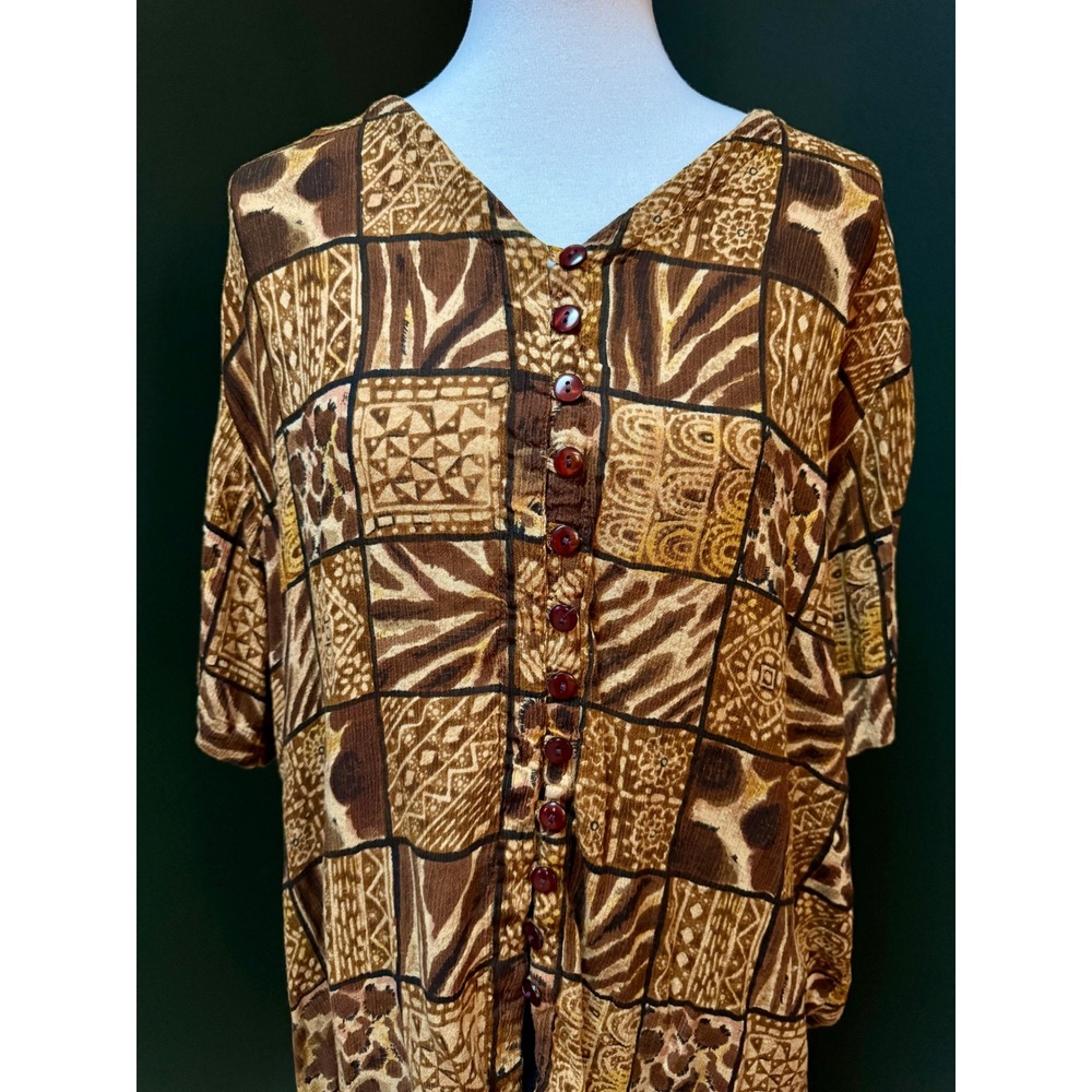 Vintage Club Z Collection Animal Print Patchwork Button Front‎ Blouse Women's 14 - Picture 5 of 8